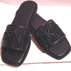 DKNY Black Slide Sandals Mesh With Embroider DKNY Logo  10 Gorgeous!